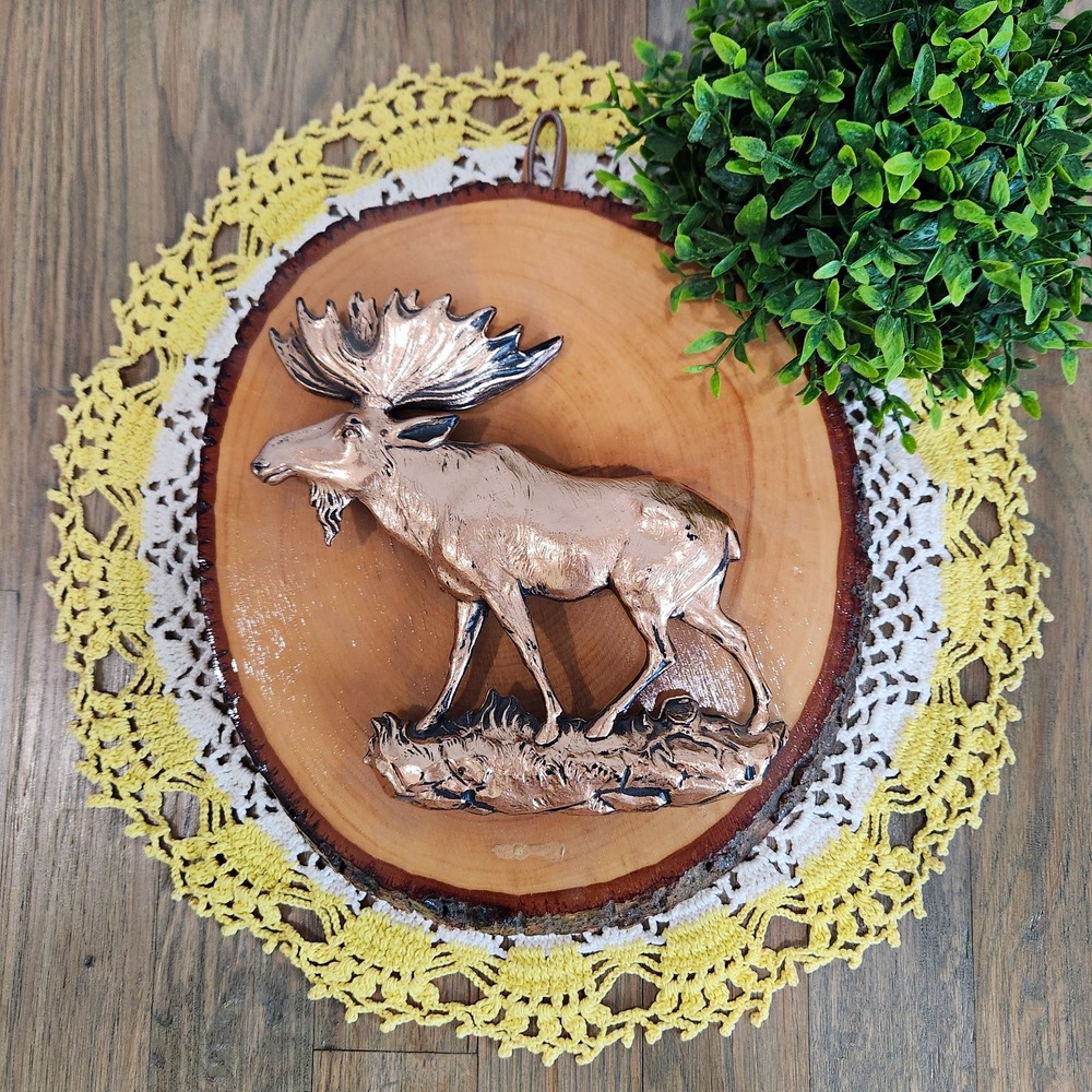 Vintage Copper Moose Wood Slice Plaque Wall Hanging Rustic Cabin Lodge Decor 3D